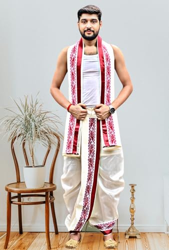 Image of Men's Ethnic | Traditional Ready to wear (Pant System) Readymade Panchakacham Dhoti With Angavastram(Towel) Set, Tassar Silk, Free Size (GC002)