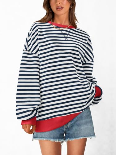 Image of PRETTYGARDEN Womens Striped Oversized Sweatshirt Color Block Crew Neck Long Sleeve Casual Loose Pullover Top Y2K Clothes