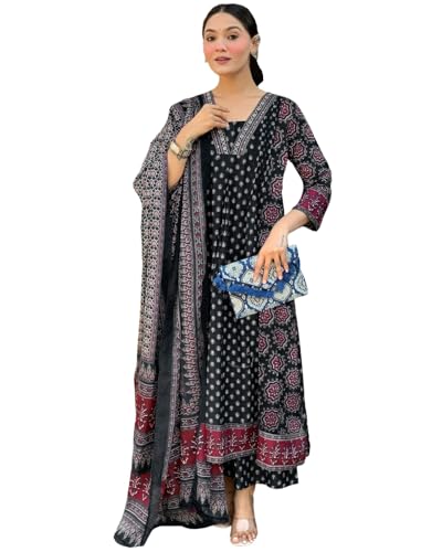 Kurta Anarkali pour femme ensemble trois pièces noir taille S avec palazzo et dupatta imprimé