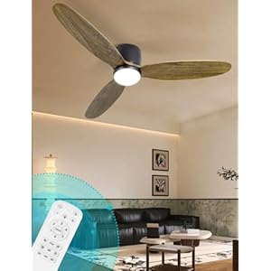 Flush Mount Ceiling Fan with Light Wood,52 inch Low Profile Modern Ceiling Fans for Outdoor/Patios/Bedroom/Office,3 Color Light,6 Speed,DC Motor,Amber Wood and Modern Matte Black