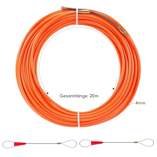 Kabeleinziehhilfe, 20mx4mm Zugdraht für Leerrohre, Mit 2 Führungsfeder, Zugdraht Einziehspirale, Nylon Einziehspirale zur Kabelverlegung Leerrohre(Orange Farbe)