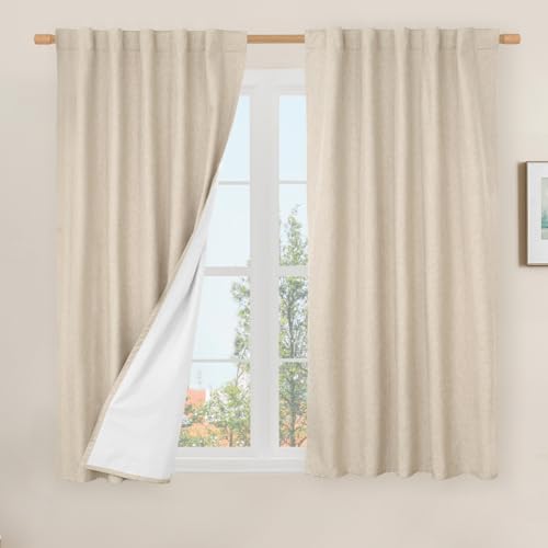 LAMIT 100% Blackout Short Linen Curtains 48 Inches Long Linen Textured Thermal Curtains Back Tab and Rod Pocket Neutral Panels with White Liner for Small Window 2 Panels 42 x 48 Inch Linen
