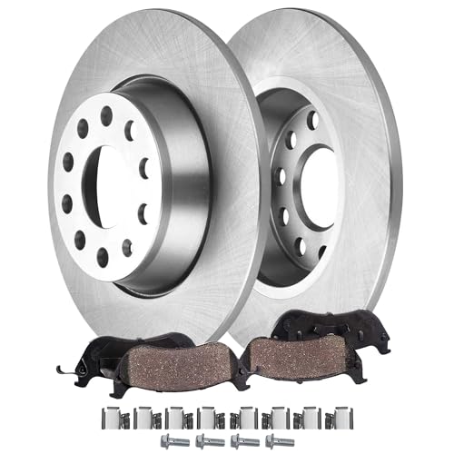 Image of Detroit Axle - Rear Brake Kit for 2011 2012 2013 Audi A3 Quattro 11.10 inch | inch Disc Brake Rotors Ceramic Brake Pads with Hardware Replacement