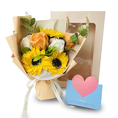 Kiranic ソープフラワー 元気なひまわりブーケ 人気ギフト 花束 誕生日プレゼント 母の日 父の日 お見舞いギフト 快気祝い 男性 女性 お祝い 記念日 メッセージカード付 手提げ袋付き