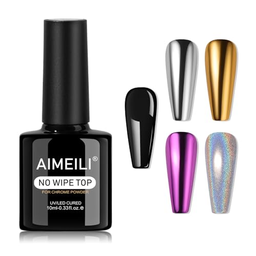 AIMEILI Top Coat Vernis Gel pour Poudre Chrome Ongle, No Wipe Couche Finition Brillant Miroir Longue Durée Soak Off UV LED Manucure 10ML
