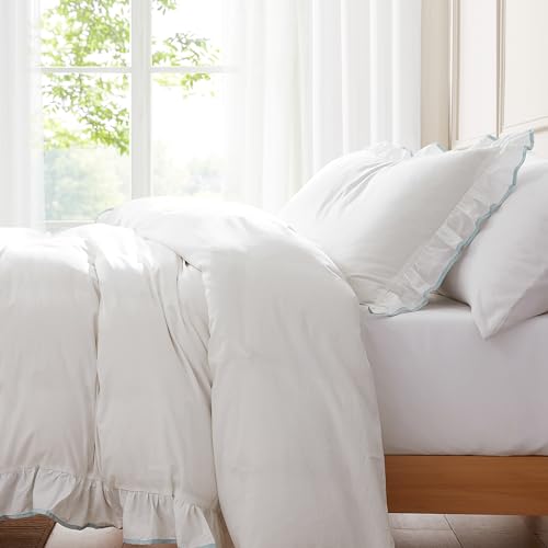 Image of Lush Decor - Duvet Cover Set, 2-Piece Cotton Bedding with Matching Sham, Contrast Edge & Stylish Border (Reyna Off-White /Blue, Twin XL)