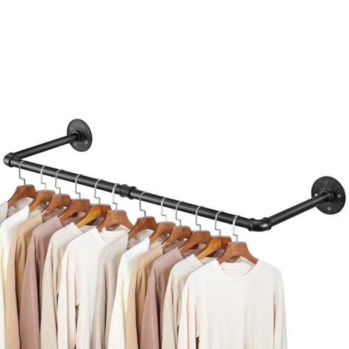 JF HOME BLISS Wall Mounted Clothes Rail Small Garment Bar Towel Holder Industrial Pipe Hanging Rack Vintage Retro Retail Detachable H Wardrobe Rail for Bedroom (Black 1pc, 96cm)