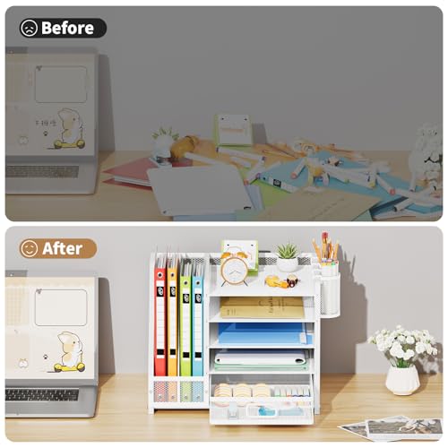 Image of Marbrasse Desk Organizer with File Holder, 5-Tier Paper Letter Tray Organizer with Drawer and 2 Pen Holder, Mesh Desktop Organizer and Storage with Magazine Holder for Office Supplies (Wood-White)