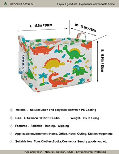 Image of Rectangular Dinosaur Laundry Storage Bin for Adults and Kids | Damp resistant canvas fabric, sturdy stitched carry handles, foldable design organizes closet and playroom daily supplies