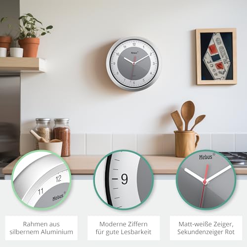 Mebus Quartz Wall Clock/Small Clock for Small Spaces/Silver Frame/White Dial/Grey Accent Circle/20cm Diameter/Round/Model: 16210/Color: Silver - Image 3