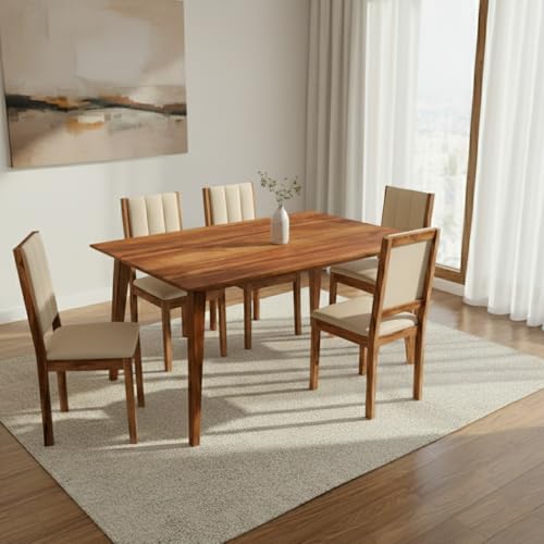 Image of Sheesham Wood Dining Table 6 Seater | Wooden Six Seater Dinning Table with Beige Cushion Chairs | Dinner Table 6 Seater | Dining Room Sets | Natural Finish