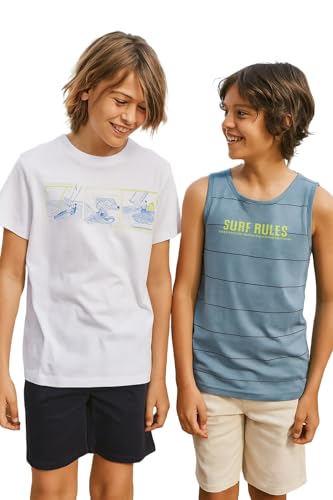 Mayoral Set 2 Pezzi Ragazzo – Maglietta Bianca Manica Corta con Stampa Surf + Canottiera Azzurra a Righe Surf Rules in Cotone Estivo, 6083, Taglia 14 Anni, Regular, Colore Oxigeno