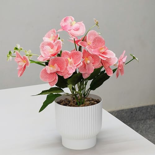 Image of CURATED CART Flower Pot with Artificial Flowers - Orchid Peach Flower with White Vase | Ideal for Home Decor | Office Decor | Gifting | Size 25 x 15cm