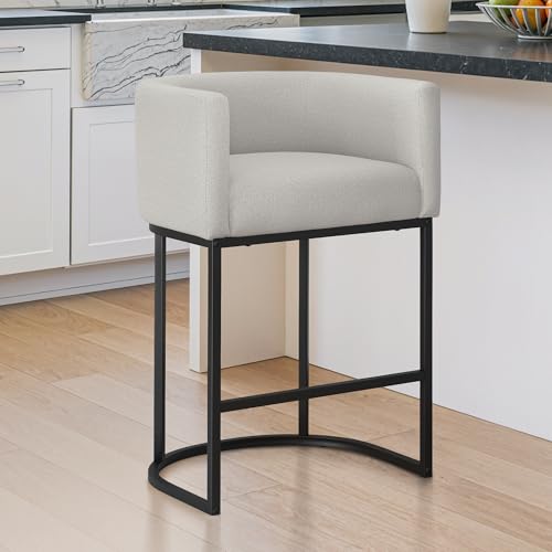 Image of LUE BONA 27 inch H Counter Height Bar Stools, Modern Barrel Counter Stools with Backrest and Arms, Black Metal Frames, Linen Fabric Upholstered Accent Barstools for Kitchen Island, Light Gray