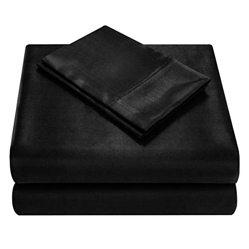 Homiest 4pcs Satin Sheets Set Luxury Silky Satin Bedding Set with Deep Pocket, 1 Fitted Sheet + 1 Flat Sheet + 2 Pillowcases (Queen Size, Black) - Thumbnail 6