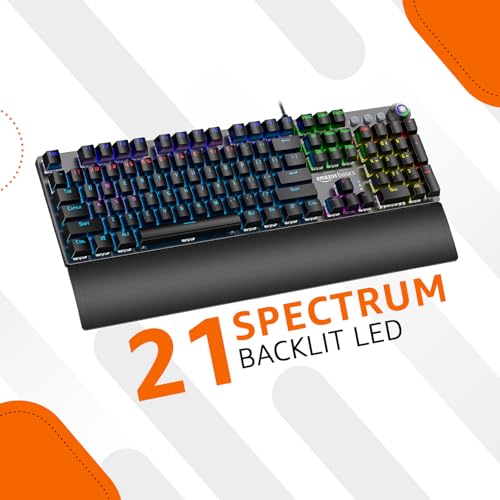 Image of amazon basics Pro Series Mechanical Gaming Keyboard with Drive Customization|RGB LED Lights|Media Control Knob|High-Response Mechanical Switches|Wrist Support|Durable Keycaps|Plug & Play (Black)