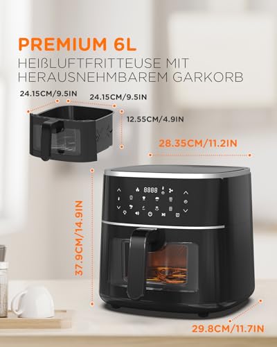 tomons Heißluftfritteuse 6L, Friteuse Heissluft Fritteusen Air Fryer mit Sichtfenster Digitalem LED-Touchscreen, 8 in1 Programmen luftfritteuse, Einstellbare Temperaturregelung – Bild 7