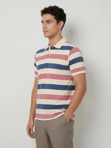 Image of Raymond Men Modern Fit Stripe Pattern Pure Cotton Polo Neck Half Sleeve Casual T-Shirt