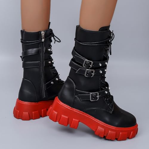 ZKXYFFS Women's Goth Ankle Booties Chunky High Heel Mid Calf Boots Side Zip Combat Lace Up Punk Rivet Motorcycle Platform Boots 5