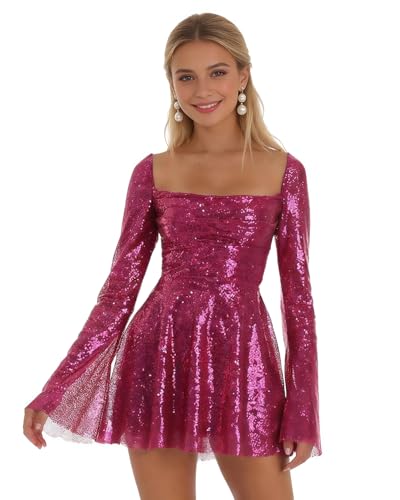 Image of Women Sparkle Sequins Mini Dress Sexy Tie Back Bodycon Dress Long Sleeve Shiny Evening Dresses Night Out Party Outfits