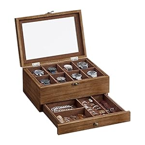 SONGMICS Watch Box with 8 Slots, 2-Tier Wood Watch Case with Large Glass Lid, Watch Pillows, Velvet Lining, Jewellery Box, Gift for Loved Ones, Rustic Walnut JOW008K01