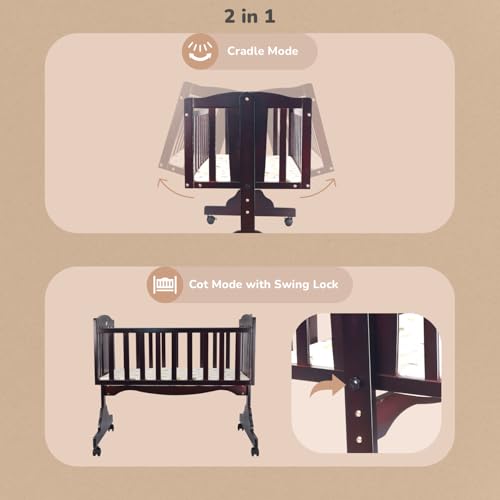 Image of R for Rabbit Dream Time Baby Wooden Cradle, Cot & Crib for Newborn Kids Bedding Set, Sleep Swing with Wheel Lock Function, Age 0-6 Months Upto 20 Kg Weight Capacity (Brown)