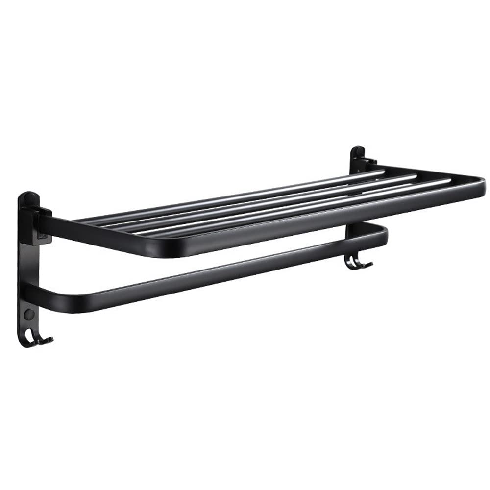 Estante de baño de aluminio negro de 59cm con toallero plegable y ganchos