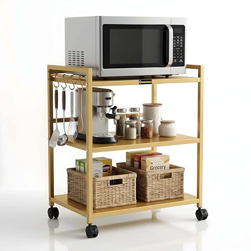 Image of Heavy Duty 3 Tier Metal Storage Rack with Wheels | Microwave Oven OTG Air Fryer & Printer Stand | Multipurpose Kitchen Utility Trolley (Golden)