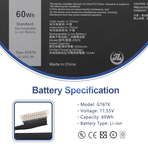 ANTIEE 60Wh GT6TK Laptop Batterie Compatible avec Dell Latitude 9440 9450 2-in-1 Series K2CPY 0K2CPY MWK05 0MWK05 11.55V 5065mAh/3-Cell