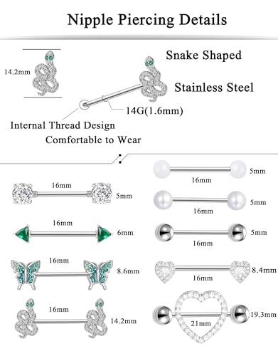 Tornito BP12-9S 9 Pairs Nipple Rings 14G Stainless Steel Heart Butterfly Snake Ball Emerald Triangle Cz Barbell Tongue Rings Set Cute Body Piercing Jewelry thumb #1