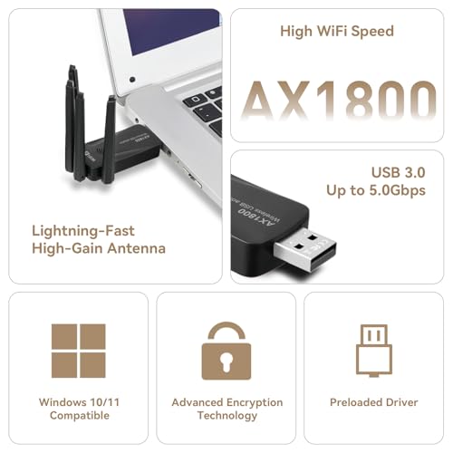 Image of AX1800 WiFi 6 USB WiFi Adapter for PC Desktop laptop, 802.11ax Wireless Network Adapter with Dual Band 2.4GHz, 5GHz, 4 High-Gain Antennas, WPA3, USB3.0, Driver-free for Windows 11 /10 (AX1800)