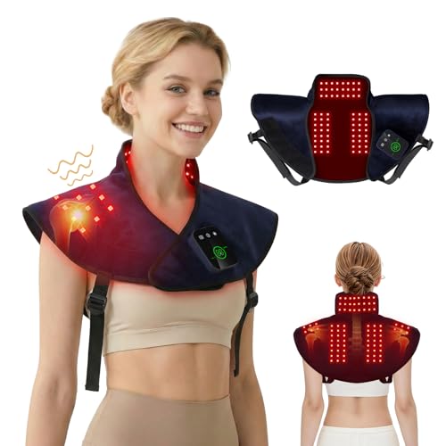 Cordless Red Light Therapy for Neck Shoulder Pain Reilef, 120 LEDs Wearable Infrared Heating Wrap with Massager and Timer, 660nm & 850nm Near-Infrared Red Light Therapy Pad, Blue