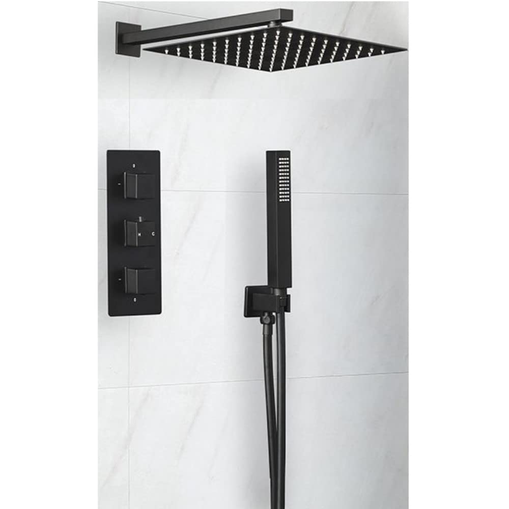 Milano Black Preto Thermostatic Mixer Valve 300Mm Wall Mounted Square Shower Head Handset