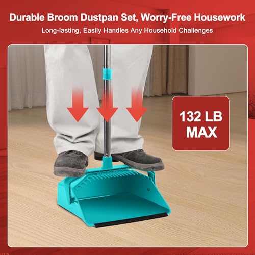 Image of Tiumso Upgrade Broom with Dustpan Combo Set, Broom and Dustpan Set with 51'' Long Handle, Large Upright Brooms and Dust Pans, ZeroGap Lip, Self-Cleaning Dustpan Teeth for Lobby and Restaurant - Blue