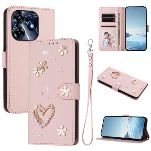 Jiajihua Case Compatible with Tecno Spark 10 Pro 4G / K17 4G Lanyard【Card Holder Wallet Flip Cover Magnetic Buckle Kickstand】 Pink
