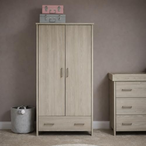 Obaby Nika Double Wardrobe – Grey Wash, Nursery Storage with Hanging Rail & Shelves
