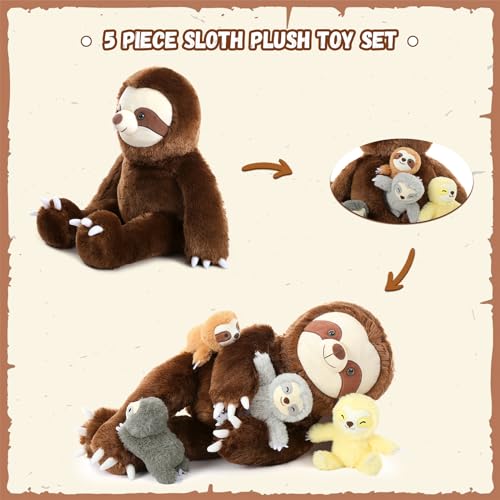 MorisMos Faultier riesen Kuscheltier XXL,60cm Sloth sitzende Faultier Stofftier Plüschtier mit 4 Baby im Bauch, Geburtstag Geschenk für Kinder Jungen