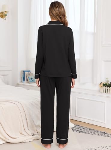 Image of Veseacky 100% Cotton Women's Pajama Set Long Sleeve Button Down Sleepwear Soft Pjs Lounge Sets Nightwear Pjs XS-XXL