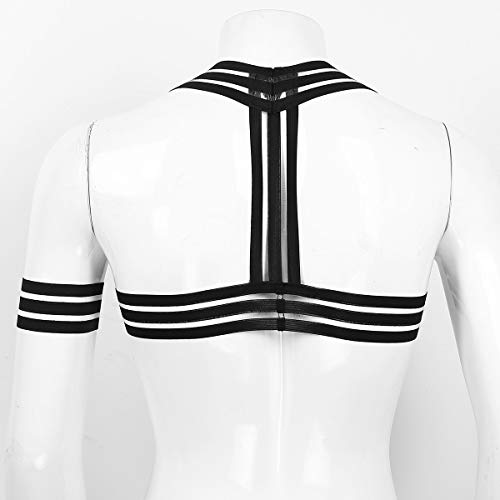 FEESHOW Mens Elastic Striped Shoulder Straps Body Chest Harness Belt Muscles Straps with Armband Club Wear Costume Black One Size3