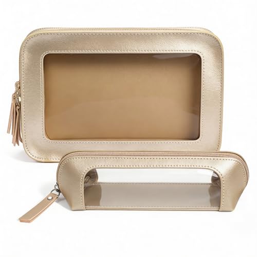 Image of 2Pack Clear Makeup Bags, Makeup Pouch for Purse Slim Make Up Brush Bag for Girls Car Accessories Essentials for Women(2Pack-Gold Set)