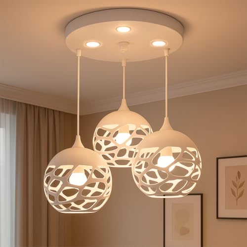 MAKA Lampadario a Sospensione Soffitto 3 Lampade E27 Sospese Moderno Regolabile per Camera da Letto Cucina Soggiorno Plafoniera LED Integrati Illuminazione Interna Design Contemporaneo Elegante Casa