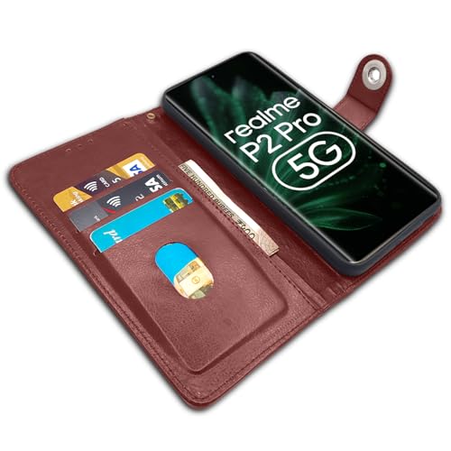 Image of Pikkme Flip Cover Leather Finish | Inside TPU with Card Pockets | Wallet Stand and Shock Proof | Complete Protection Button Flip Case for Realme P2 Pro 5G (Brown)
