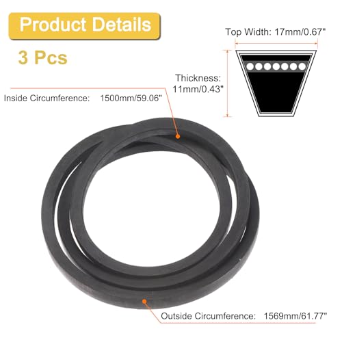 Image of Uxcell 3 Pack B59 Classic Wrapped V-Belt, 62 inch Outside Circumference, Black Rubber Industrial Timing Belt for Machinery Equipment