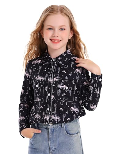 Girls Western Shirt Long Sleeve Collared Retro Button Down Shirts for Teen Cowboy Style Country Outfit