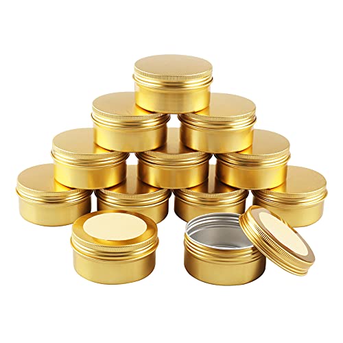 BasicPacking 12 Stück 80ml Gold Leere Rund Aluminiumdose mit Schraubdeckel Alu-Dose Aluminium Schraubdose Cremedose Kerzendosen Kosmetikdosen Blechdosen Aludose mit 12 Stück 50mm Aufkleber Cover