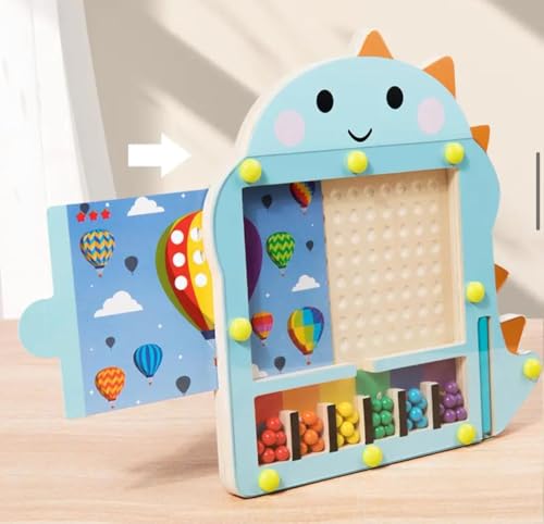 Image of GETT, Educational Toy Magnetic Bead Maze Puzzle Board with Flash Cards Wooden Baby Dinosaur Magnetic Maze, Medium, Blue
