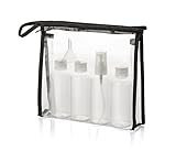 WPRO Kulturbeutel transparent, 1 Liter Volumen & 3 Reiseflaschen, 1 Pumpspender je 80ml + 1 Trichter zum Transport von Flüssigkeiten im Handgepäck