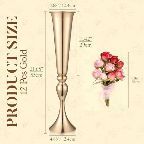 Image of 12 Pcs Tall Gold Trumpet Vases for Centerpieces & Wedding Tables - 21.65 inch Tall Gold Flower Vase Set with Weighted Base, Metal Trumpet Centerpieces for Tables (Bases para Centros de Mesa)