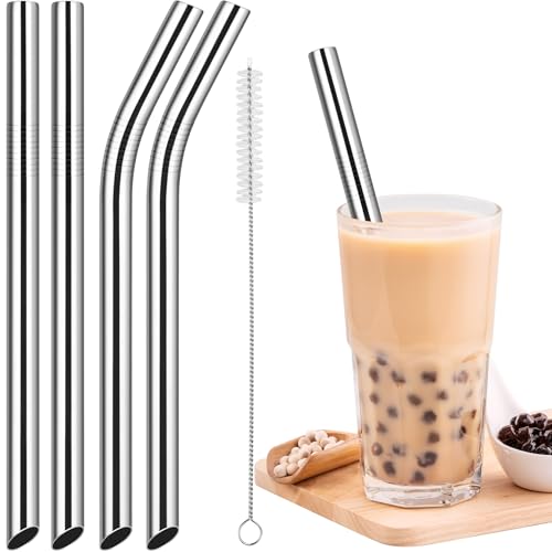 NiHome 4-Pack Stainless Steel Smoothie/Milkshake Straws 0.5 Extra Wide Reusable Metal Straw Extra Long Straight & Bent Drinking Straws for Boba Thick Beverages Cold Drinks 1 Brush (Silver)