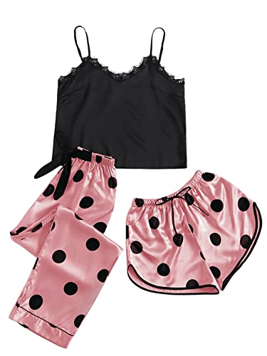 DIDK Ensemble de 3 pyjamas en satin pour femme avec pois, Noir et rose., M Cover
